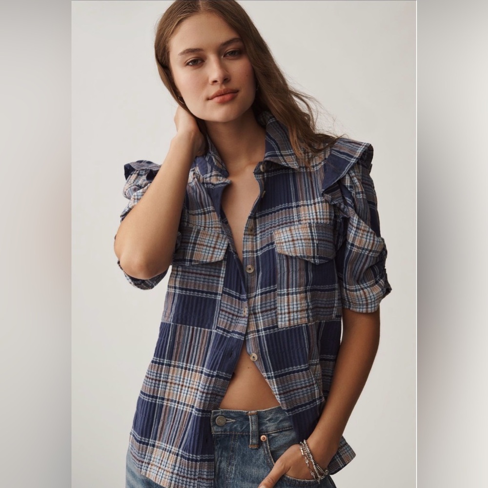 Pilcro Ozzi Plaid Ruffle-Sleeve Buttondown Shirt xl